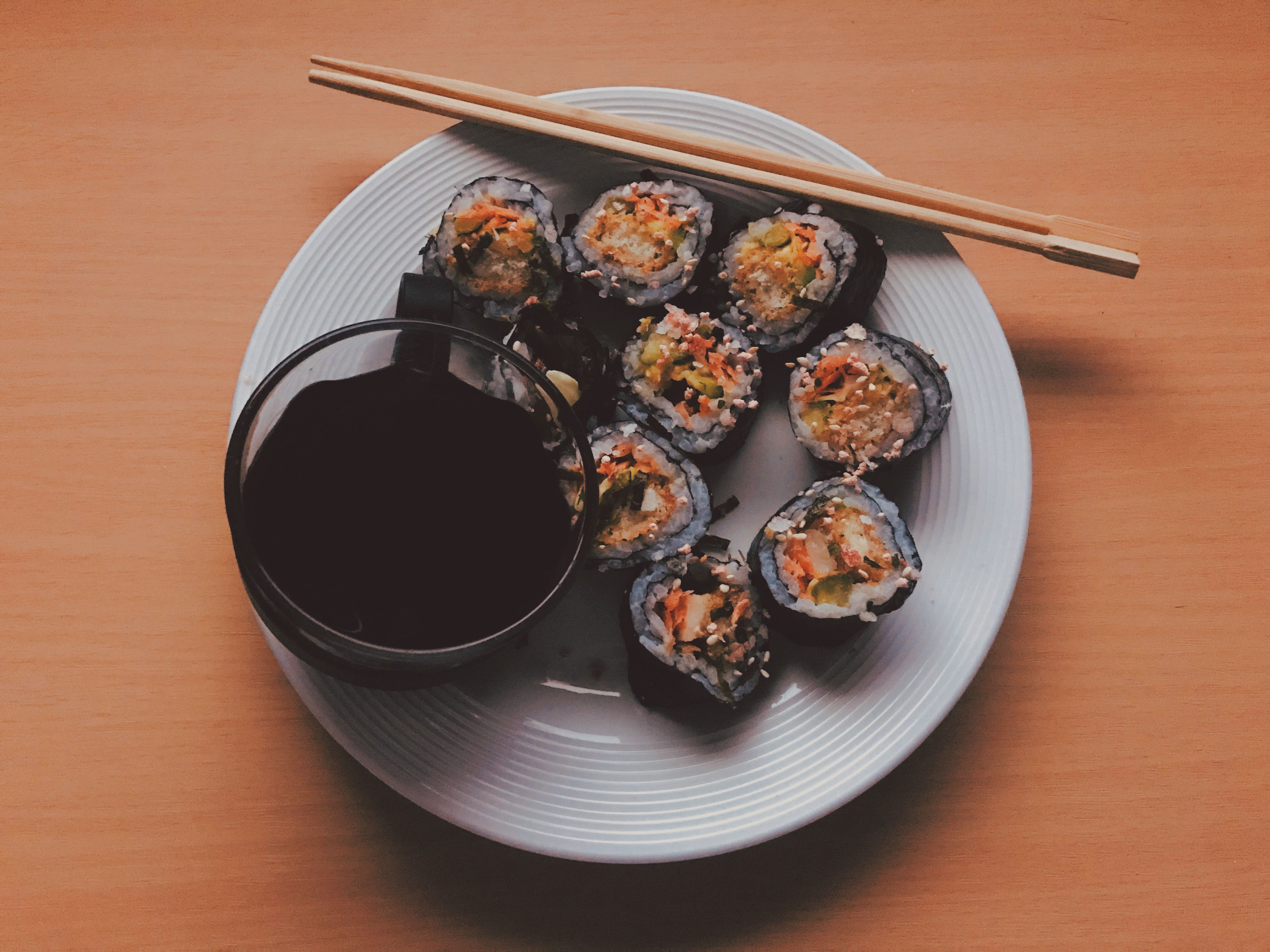 Bowl of stir-fried vegetables with San-J tamari sauce