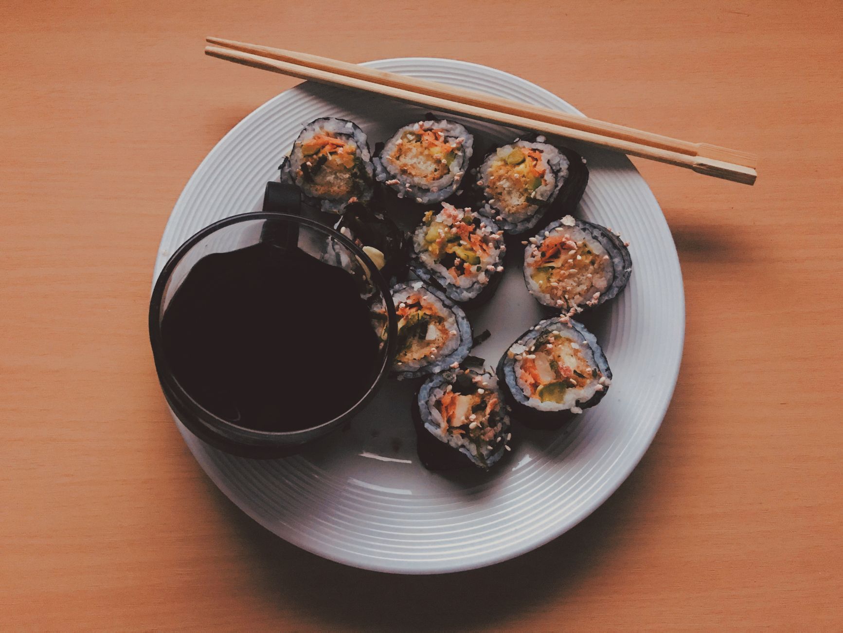 Bowl of stir-fried vegetables with San-J tamari sauce