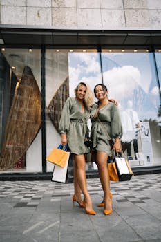 Two stylish women enjoying a day of shopping, showcasing their fashion and happiness in an urban setting.