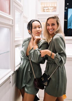 Two fashionable women enjoying a shopping experience indoors, showcasing style and friendship.