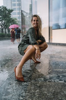 Smiling woman in a green dress crouching on a wet city street during rainfall.