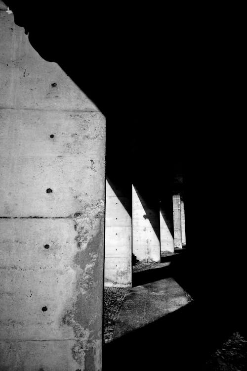 Grayscale Photography of Concrete Posts in a Building