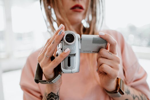 Close-up of a woman holding a video camera indoors, capturing details and expression.