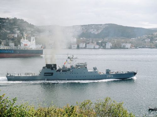 Free Navy warship cruising through the Bosphorus in Istanbul, Turkey, near Sarıyer. Stock Photo