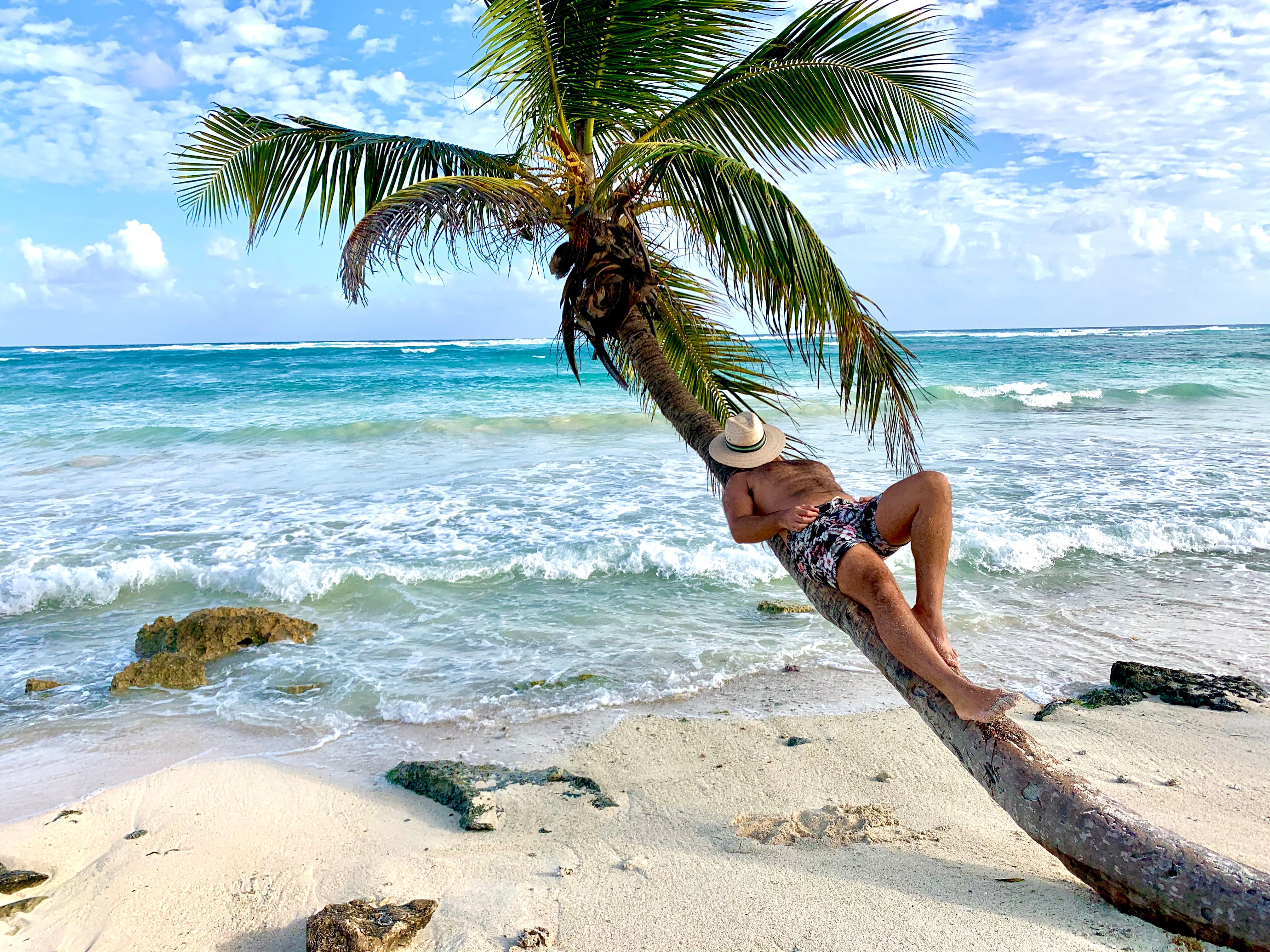 Tranquil waters of Akumal Bay with green palm trees