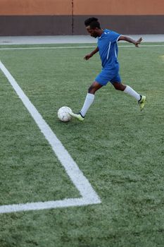 A young male soccer player kicks the ball on a green field, showing athletic skills.