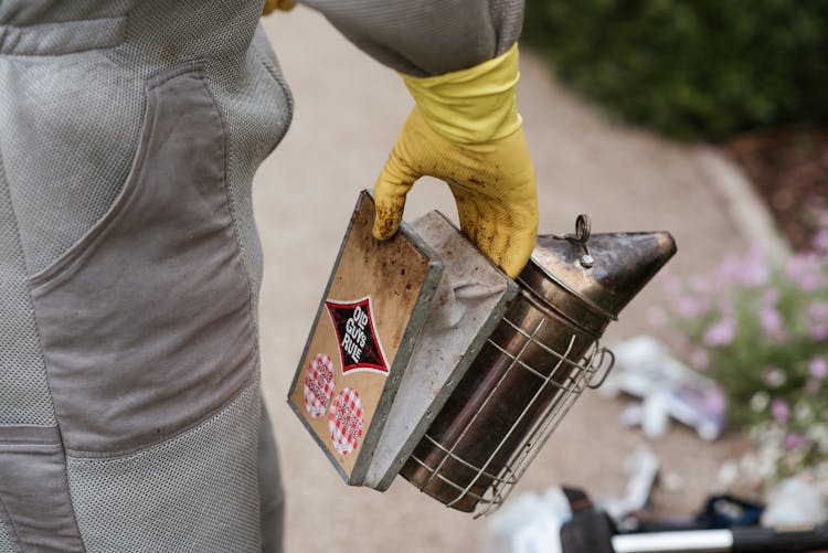 Crop Man Holding Bee Smoker In Apiary