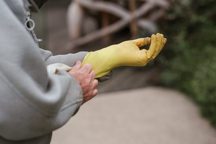 Crop Man Dressing Up For Work In Apiary