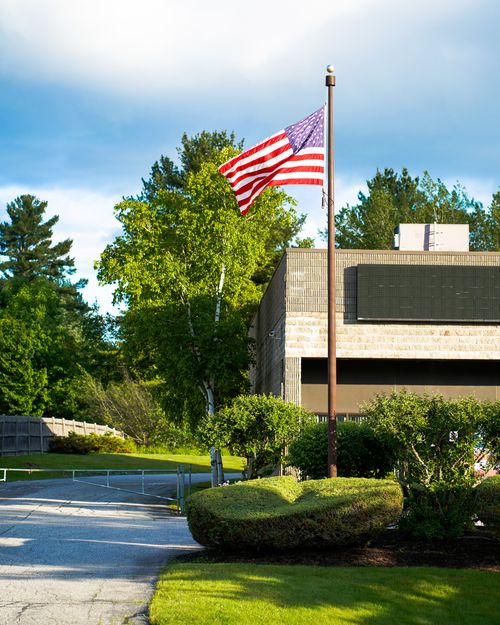 Free American flag waving in front of a government building surrounded by lush greenery. Stock Photo