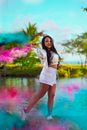 Woman in White Dress Shirt and White Skirt Standing on Water