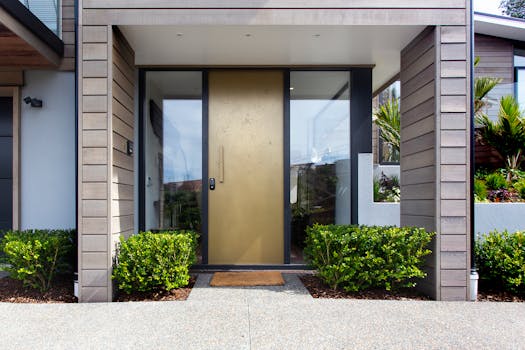 Clean entrance design featuring a modern door and lush green plants.