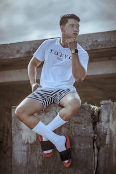 Full body of serious male wearing shorts looking away while sitting on top of stone shabby barrier with hand at chin in countryside