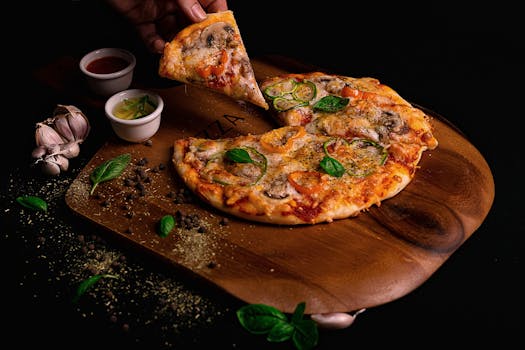 Close-up of a freshly baked pizza slice with vibrant veggies and herbs on a wooden board.