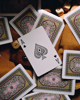 A close-up of an ace of spades amidst scattered playing cards on a textured surface.