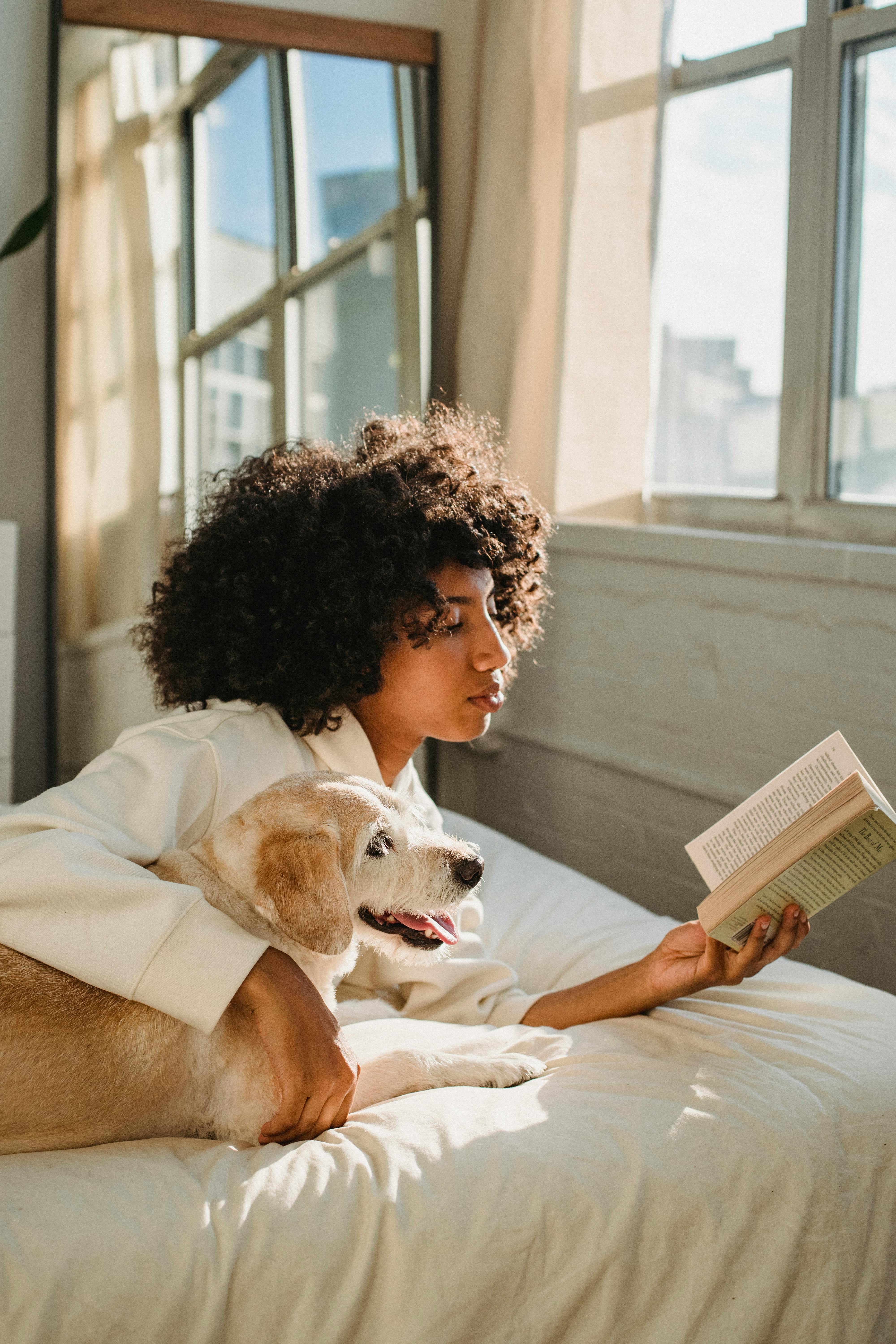 concentrated young black woman cuddling curious obedient dog while reading book ob bed