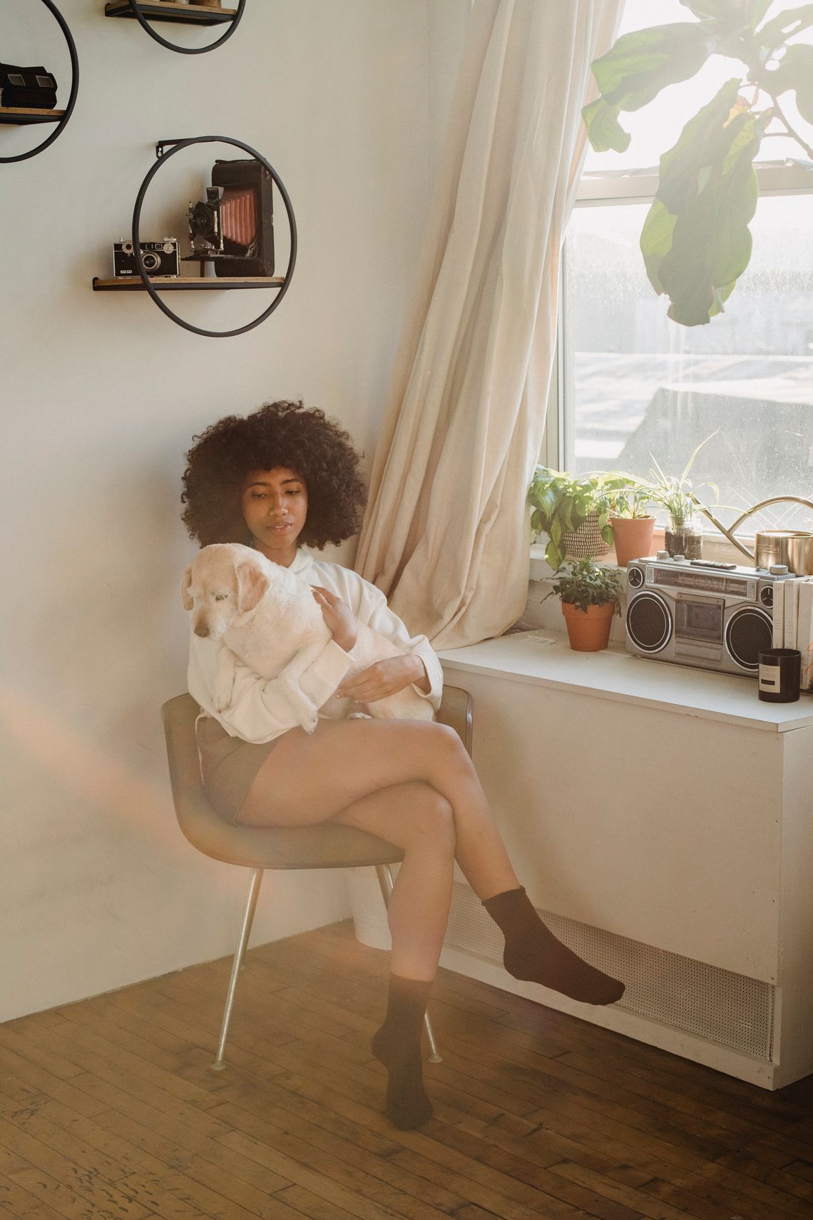Woman and dog enjoying the afternoon light together beside a home window