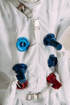 宇航服的详细视图显示了彩色金属端口