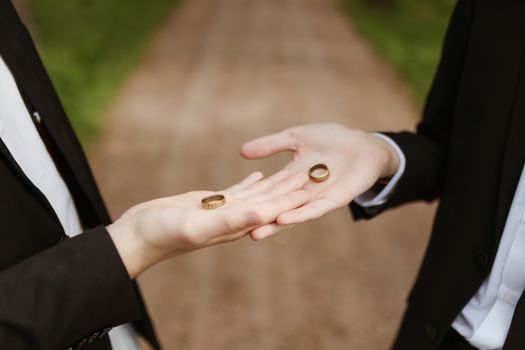 户外特写中，两人交换结婚戒指，象征着承诺