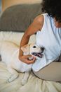 一名女子和她的拉布拉多猎犬在舒适的室内沙发上放松，画面温暖而充满陪伴感