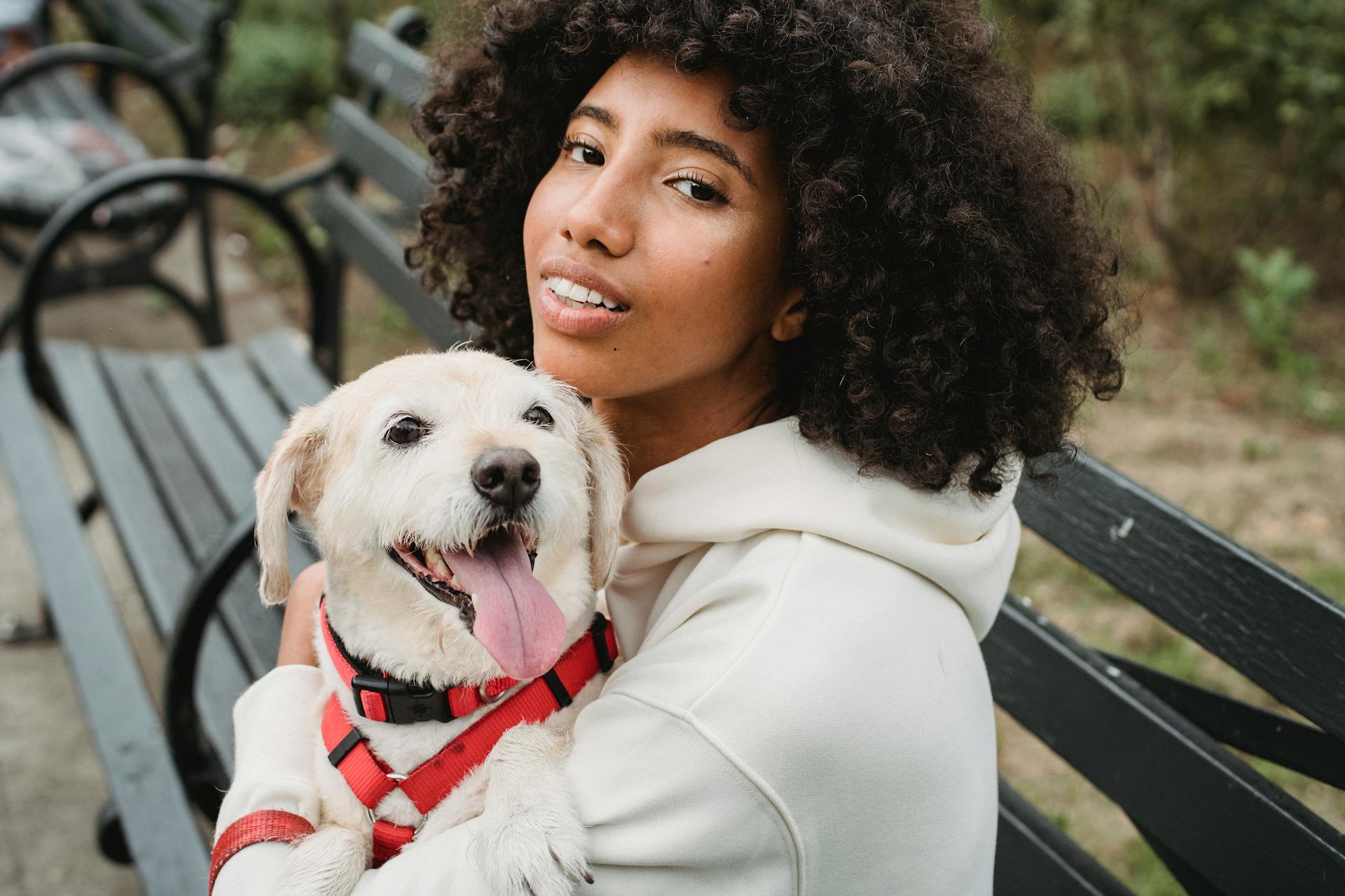 Black woman hugging dog while sitting on bench