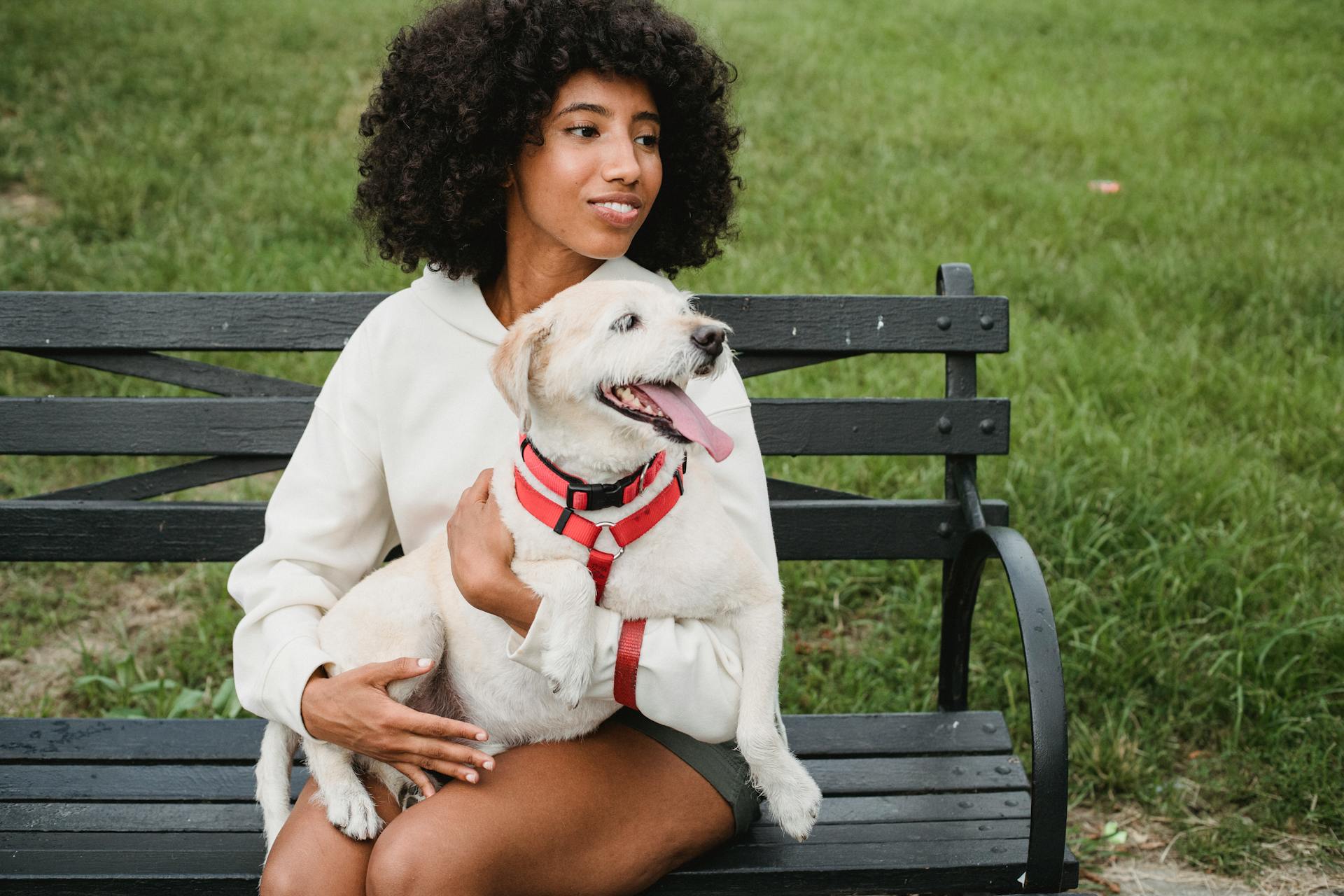 Content black woman petting dog on bench