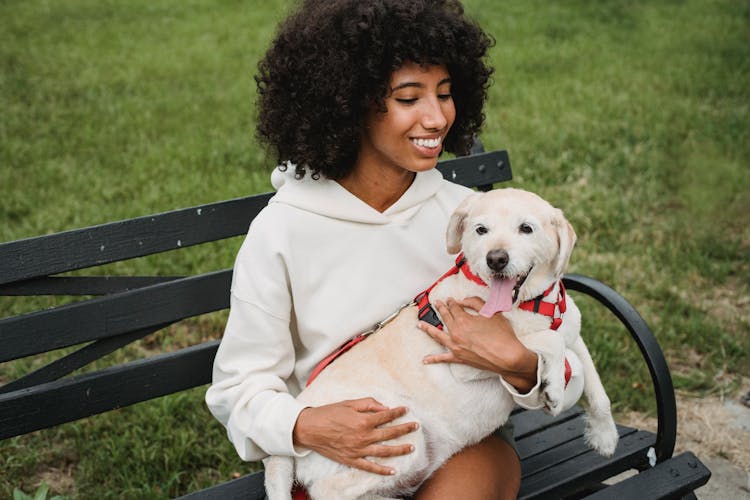 Cheerful Black Woman On Bench With Dog