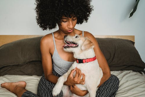 Black woman playing with dog in bedroom