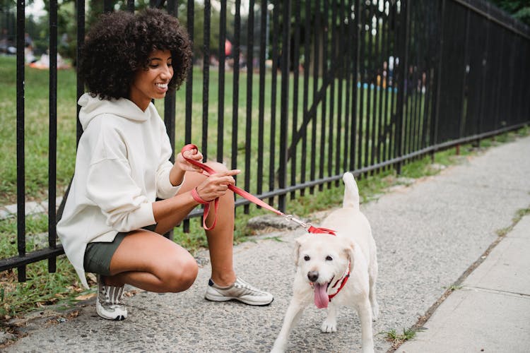 Smiling Black Woman Playing With Dog