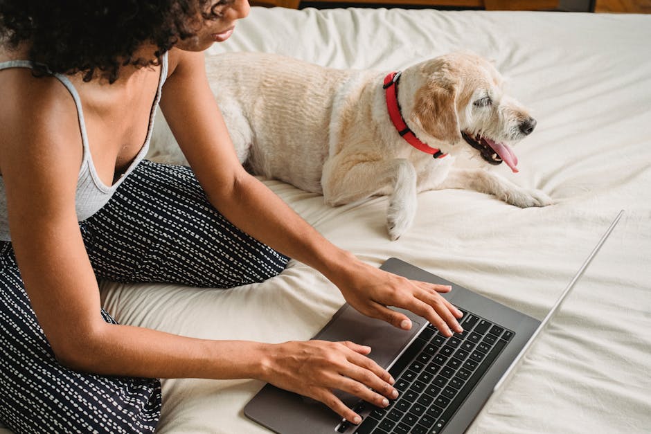 Greenies Dental Treats vs Whimzees: Which Controls Dog Plaque Better? A woman works on her laptop in a cozy bedroom with her pet dog relaxing beside her.