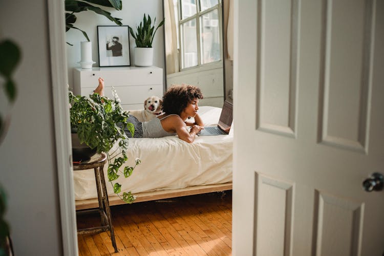 Black Woman Watching Laptop Near Purebred Dog On Bed