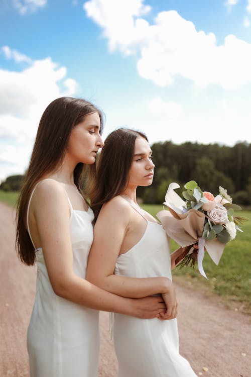 Women with Bouquet Showing Affection 