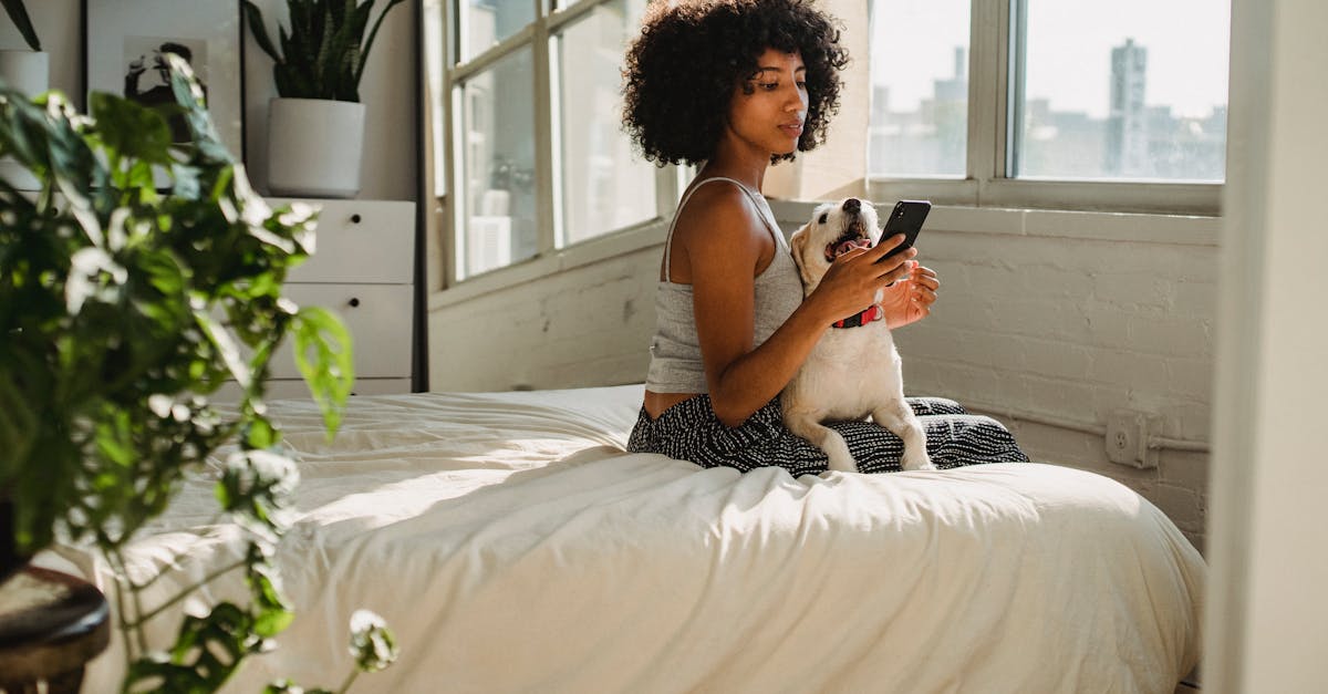 Side view of young ethnic female watching cellphone while sitting on bed with dog at home