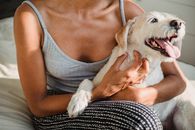 一名女子在室内与她的爱犬共度轻松时光，这是陪伴的完美写照