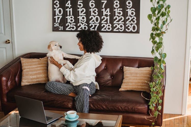 Happy Black Woman Playing With Dog On Couch