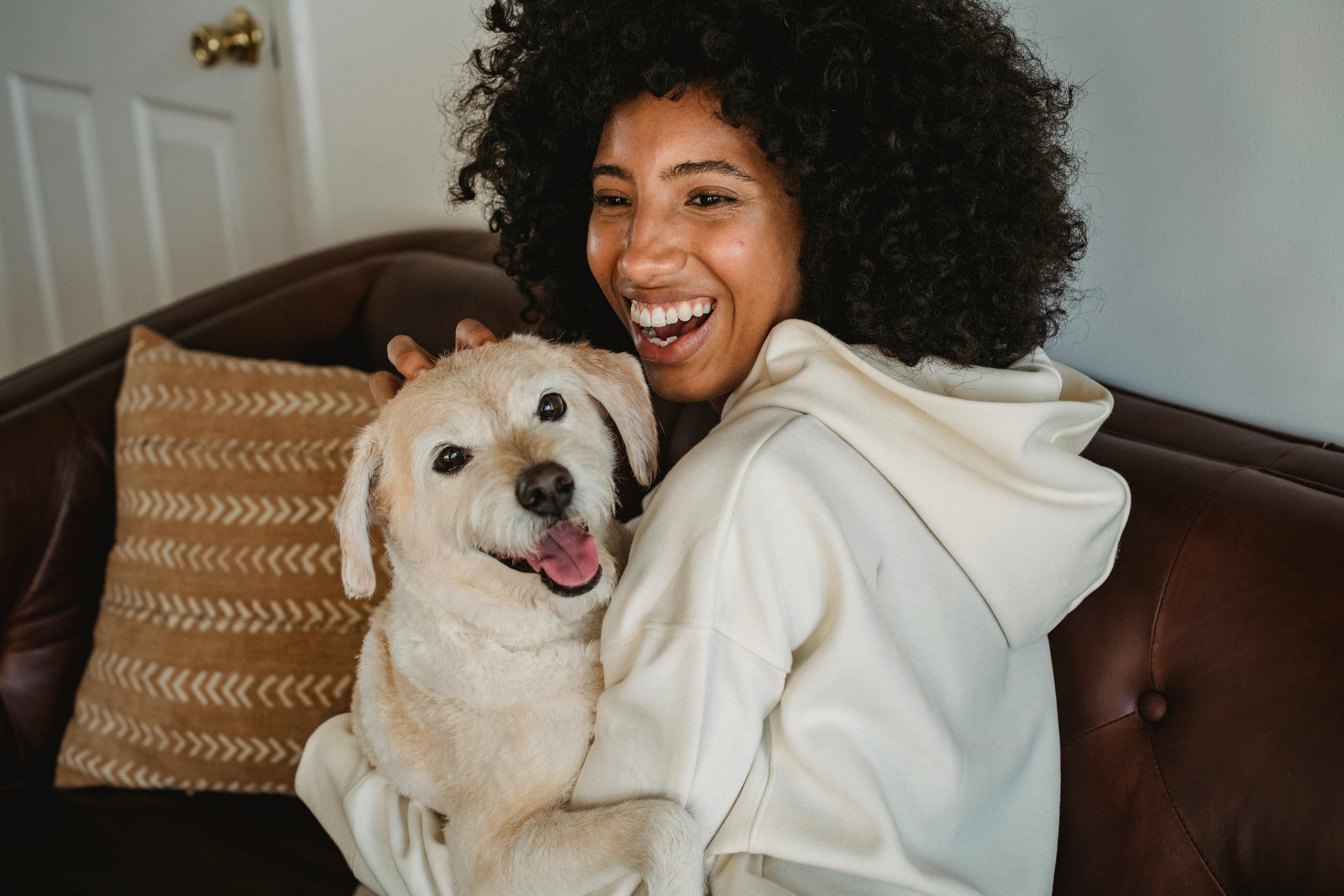 smiling african american female stroking dog on sofa