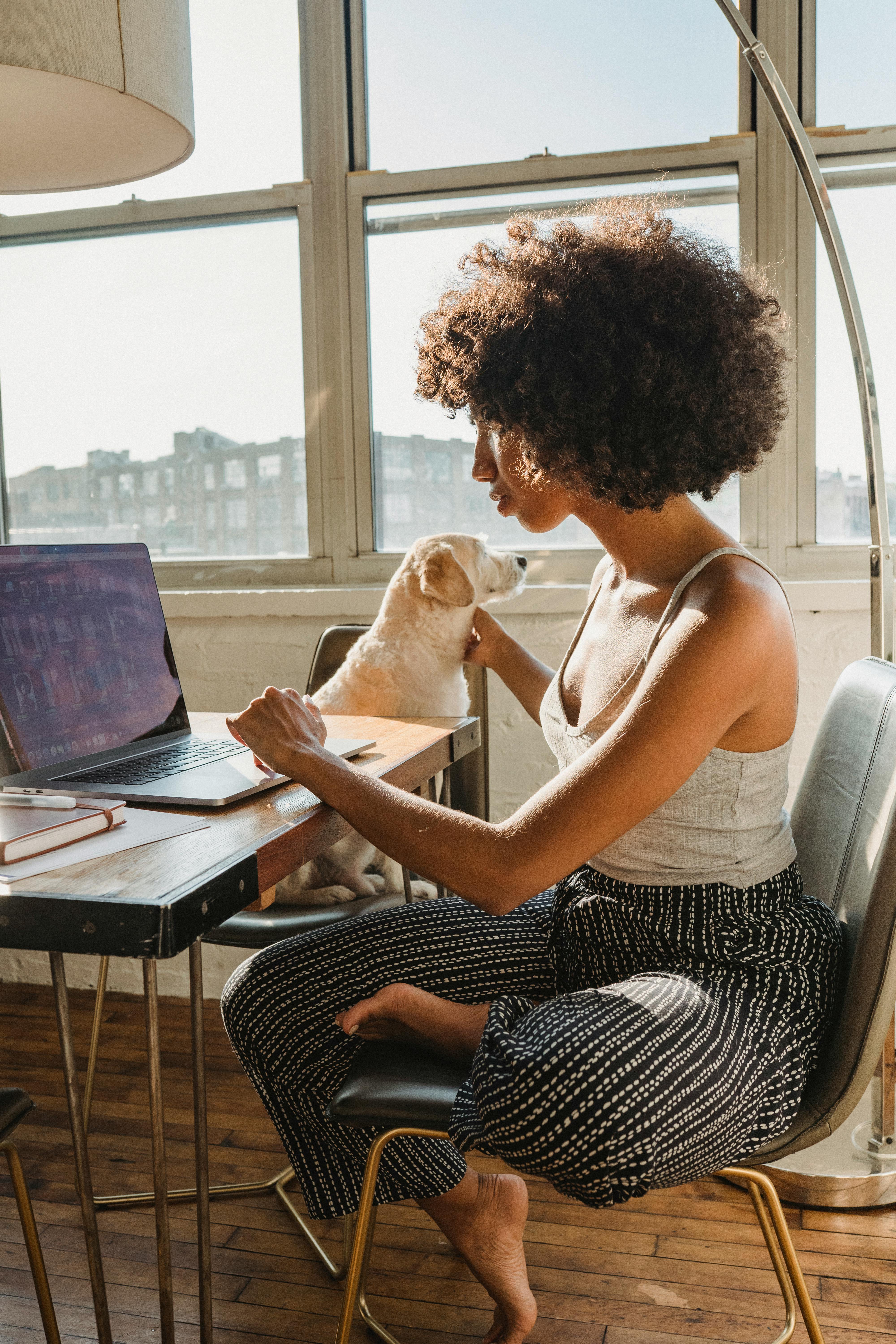 black female freelancer using computer with dog