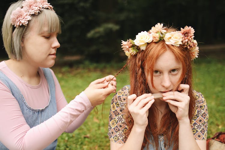 Women Wearing Floral Headbands