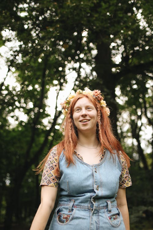 Woman in Blue Denim Jumper with Flower Headband