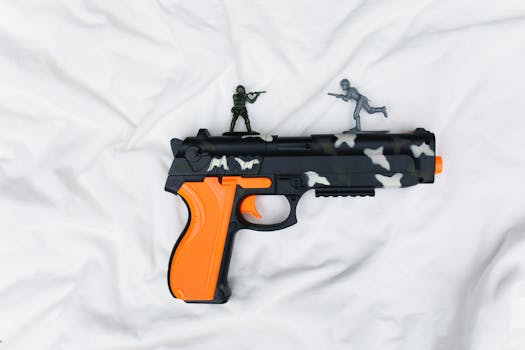 Close-up of a toy pistol with soldier toys on a white sheet, perfect for playful themes.
