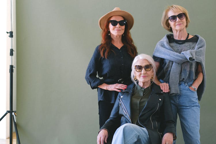 Group Of Trendy Senior Women In Sunglasses In Studio