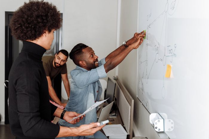 Team planning at a whiteboard. Photo by Thirdman on Pexels