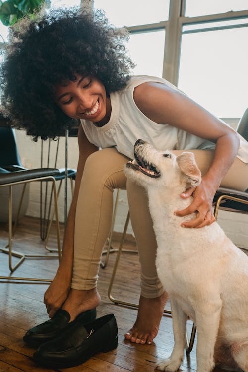 Mulher Feliz Acariciando Cachorro Enquanto Se Veste Em Casa