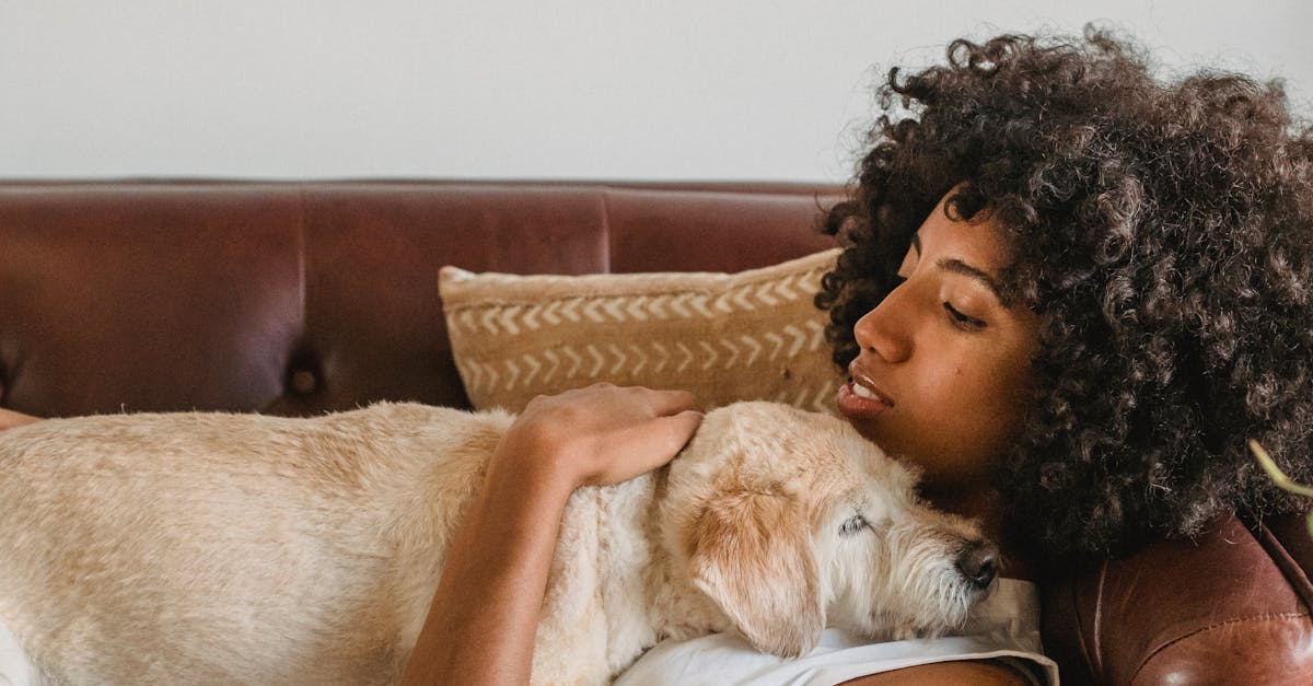 Woman Lying Down on Brown Leather Couch With Her Dog