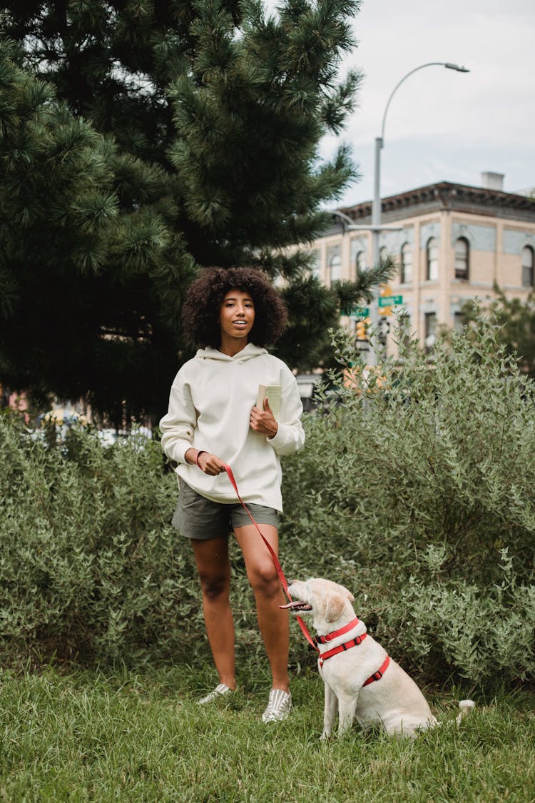 Happy Young Black Lady With Obedient Dog Standing On Grassy Lawn In Park