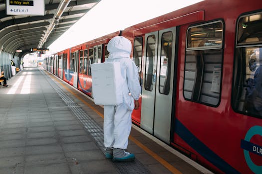 火车站站台上，一个穿着白色太空服的人正在等候即将出发的火车