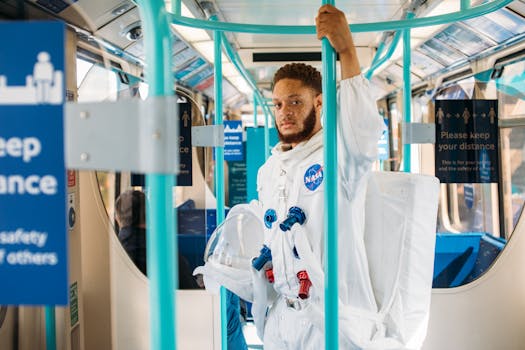 在伦敦地铁上，身着宇航服的人将太空探索与城市生活融为一体