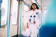 一名妇女穿着宇航员服装，在公共火车上将科幻小说与日常通勤融为一体