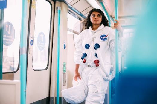 一名妇女穿着宇航员服装，在公共火车上将科幻小说与日常通勤融为一体