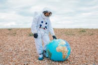 一名宇航员身穿白色太空服，在多云的天空下，于鹅卵石海滩上探索一个可充气的球体