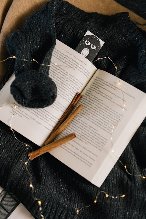 Sweater, Book and Cinnamon Composition